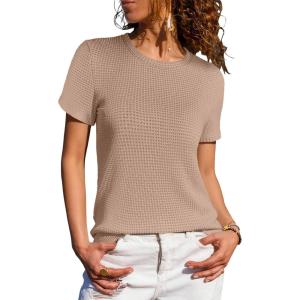 imageANRABESS Womens Summer Waffle Knit Tops Crew Neck Short Sleeve Casual Trendy Shirts Basic Tee Blouses 2026 Spring OutfitsLight Khaki