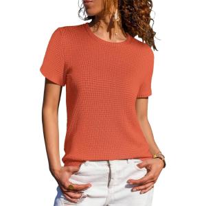 imageANRABESS Womens Summer Waffle Knit Tops Crew Neck Short Sleeve Casual Trendy Shirts Basic Tee Blouses 2026 Spring OutfitsOrange