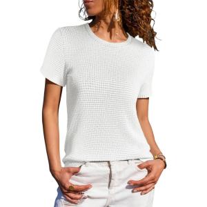 imageANRABESS Womens Summer Waffle Knit Tops Crew Neck Short Sleeve Casual Trendy Shirts Basic Tee Blouses 2026 Spring OutfitsWhite