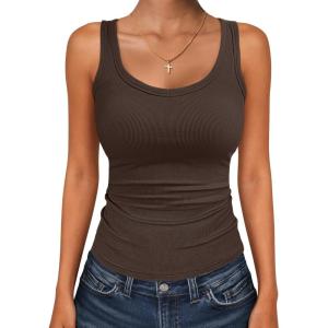 imageANRABESS Womens Tank Tops Summer Workout Scoop Neck Ribbed Tight Knit Sleeveless Going Out Basic Tee Shirts Vacation ClothesBrown