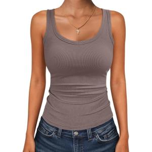 imageANRABESS Womens Tank Tops Summer Workout Scoop Neck Ribbed Tight Knit Sleeveless Going Out Basic Tee Shirts Vacation ClothesLight Coffee