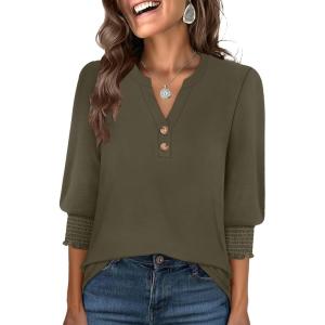 imageANRABESS Womens Tops 34 Sleeve Henley V Neck Soft Blouses Dressy Casual Work Business Shirts 2026 Spring Fashion ClothesArmy Green