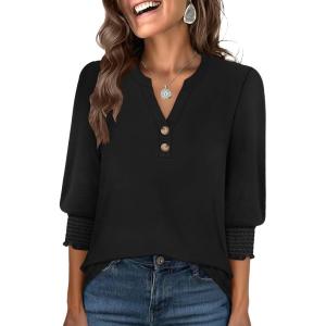 imageANRABESS Womens Tops 34 Sleeve Henley V Neck Soft Blouses Dressy Casual Work Business Shirts 2026 Spring Fashion ClothesBlack