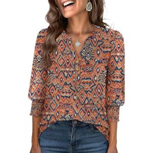 imageANRABESS Womens Tops 34 Sleeve Henley V Neck Soft Blouses Dressy Casual Work Business Shirts 2026 Spring Fashion ClothesBohemian Orange