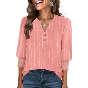 imageANRABESS Womens Tops 34 Sleeve Henley V Neck Soft Blouses Dressy Casual Work Business Shirts 2026 Spring Fashion ClothesCoral White Stripe