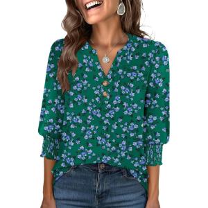 imageANRABESS Womens Tops 34 Sleeve Henley V Neck Soft Blouses Dressy Casual Work Business Shirts 2026 Spring Fashion ClothesGreen Purple Floral