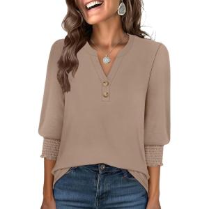 imageANRABESS Womens Tops 34 Sleeve Henley V Neck Soft Blouses Dressy Casual Work Business Shirts 2026 Spring Fashion ClothesLight Khaki