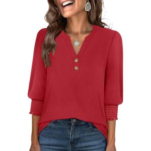 imageANRABESS Womens Tops 34 Sleeve Henley V Neck Soft Blouses Dressy Casual Work Business Shirts 2026 Spring Fashion ClothesRed