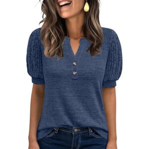 imageANRABESS Womens Tops Puff Short Sleeve Henley Shirt Dressy Casual Blouses Summer Sweater 2026 Spring Business Cute TunicsBlue