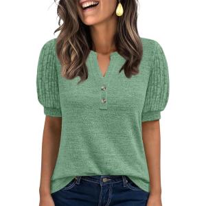 imageANRABESS Womens Tops Puff Short Sleeve Henley Shirt Dressy Casual Blouses Summer Sweater 2026 Spring Business Cute TunicsGreen