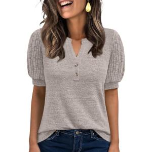 imageANRABESS Womens Tops Puff Short Sleeve Henley Shirt Dressy Casual Blouses Summer Sweater 2026 Spring Business Cute TunicsKhaki