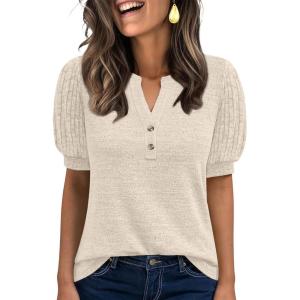 imageANRABESS Womens Tops Puff Short Sleeve Henley Shirt Dressy Casual Blouses Summer Sweater 2026 Spring Business Cute TunicsParchment