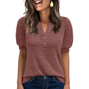 imageANRABESS Womens Tops Puff Short Sleeve Henley Shirt Dressy Casual Blouses Summer Sweater 2026 Spring Business Cute TunicsRust