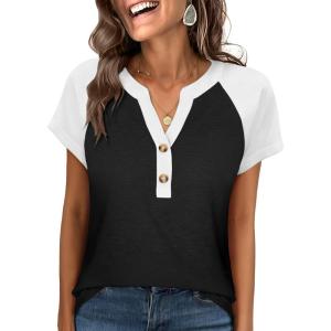 imageANRABESS Womens Tops Short Sleeve Henley Shirts Summer V Neck Color Block Tunic T Shirts Casual Blouses Work Trendy ClothesBlack