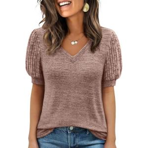 imageANRABESS Womens Tops Short Sleeve Sweaters Dressy Casual V Neck Summer Tunic Blouses Cute Work Shirts 2026 Trendy ClothesBurnt Tan