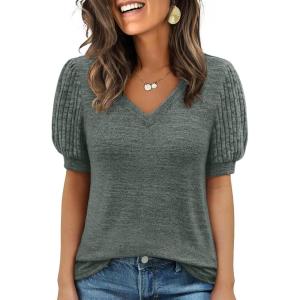 imageANRABESS Womens Tops Short Sleeve Sweaters Dressy Casual V Neck Summer Tunic Blouses Cute Work Shirts 2026 Trendy ClothesDeep Green
