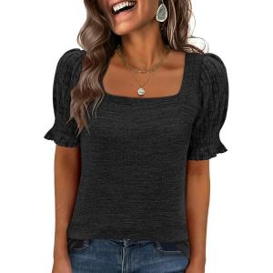 imageANRABESS Womens Tops Summer Dressy Casual Work Blouses Square Neck Ruffle Short Sleeve Tee Shirts 2026 Fashion Tunic SweaterBlack