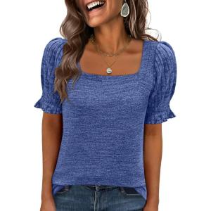 imageANRABESS Womens Tops Summer Dressy Casual Work Blouses Square Neck Ruffle Short Sleeve Tee Shirts 2026 Fashion Tunic SweaterBlue