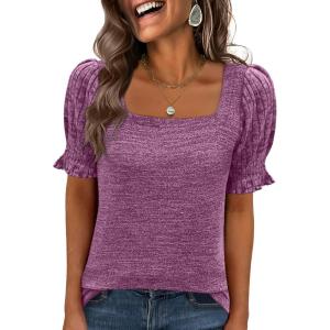 imageANRABESS Womens Tops Summer Dressy Casual Work Blouses Square Neck Ruffle Short Sleeve Tee Shirts 2026 Fashion Tunic SweaterPurple