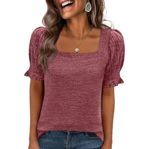 imageANRABESS Womens Tops Summer Dressy Casual Work Blouses Square Neck Ruffle Short Sleeve Tee Shirts 2026 Fashion Tunic SweaterRust