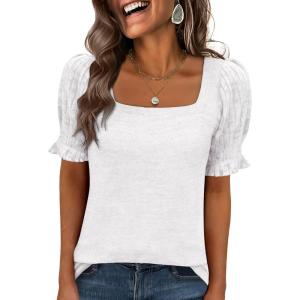 imageANRABESS Womens Tops Summer Dressy Casual Work Blouses Square Neck Ruffle Short Sleeve Tee Shirts 2026 Fashion Tunic SweaterWhite
