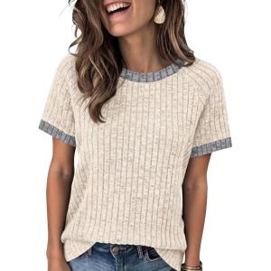 imageANRABESS Womens Tops Summer Short Sleeve Shirts Dressy Casual Color Block Work Blouse 2026 Spring Trendy Lightweight SweaterBeige