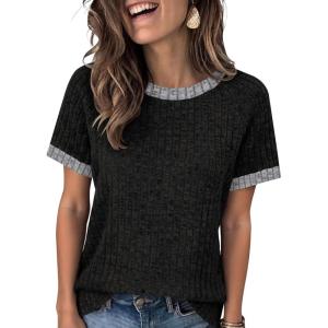 imageANRABESS Womens Tops Summer Short Sleeve Shirts Dressy Casual Color Block Work Blouse 2026 Spring Trendy Lightweight SweaterBlack