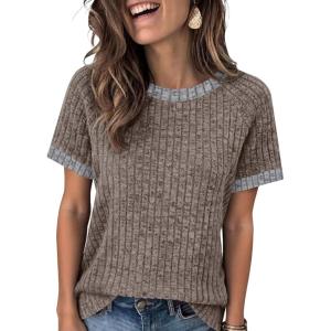 imageANRABESS Womens Tops Summer Short Sleeve Shirts Dressy Casual Color Block Work Blouse 2026 Spring Trendy Lightweight SweaterCoffee