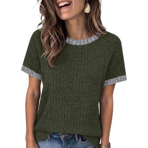 imageANRABESS Womens Tops Summer Short Sleeve Shirts Dressy Casual Color Block Work Blouse 2026 Spring Trendy Lightweight SweaterDeep Green
