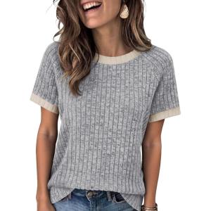imageANRABESS Womens Tops Summer Short Sleeve Shirts Dressy Casual Color Block Work Blouse 2026 Spring Trendy Lightweight SweaterGrey