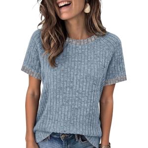 imageANRABESS Womens Tops Summer Short Sleeve Shirts Dressy Casual Color Block Work Blouse 2026 Spring Trendy Lightweight SweaterLight Blue