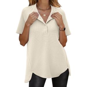 imageANRABESS Womens Waffle Knit Tops Summer Short Sleeve Henley Shirts Dressy Casual Blouse 2026 Spring Loose Tunics OutfitsBeige