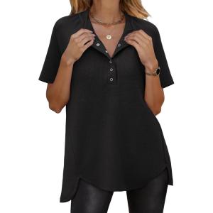 imageANRABESS Womens Waffle Knit Tops Summer Short Sleeve Henley Shirts Dressy Casual Blouse 2026 Spring Loose Tunics OutfitsBlack
