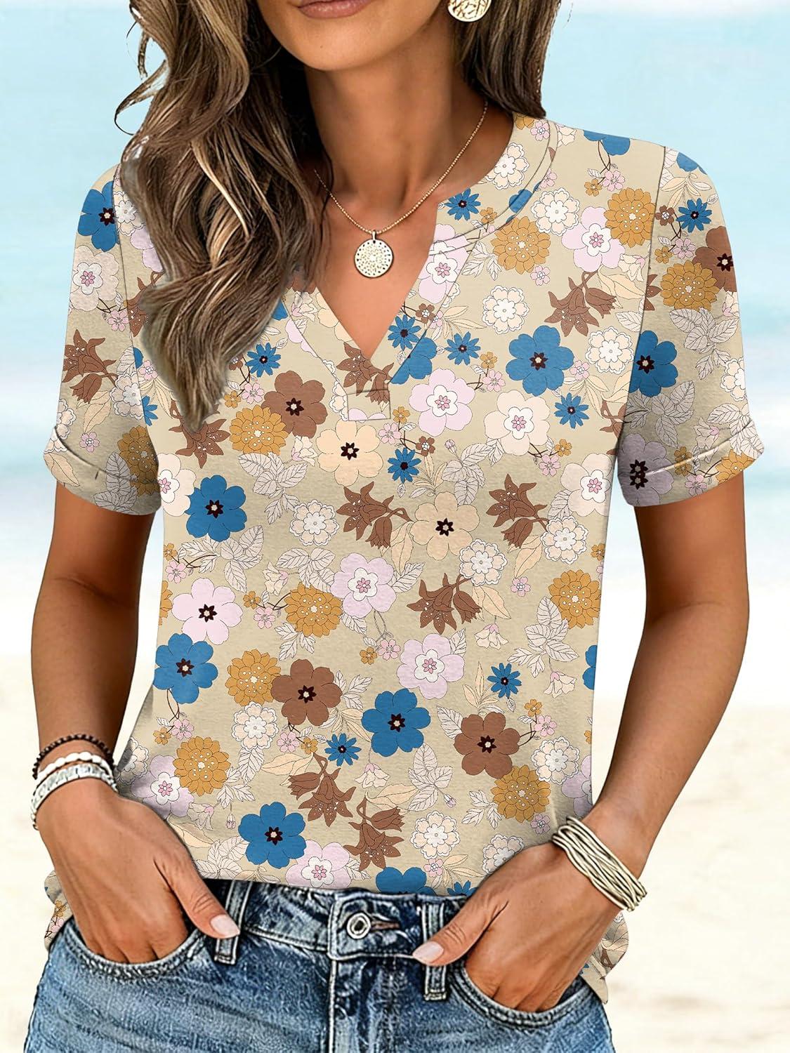 imageANRABESS Womens Short Sleeve V Neck Tops Summer Casual TShirts Blouses 2026 Spring Trendy Beach Vacation ClothesYellow Multicolored Floral