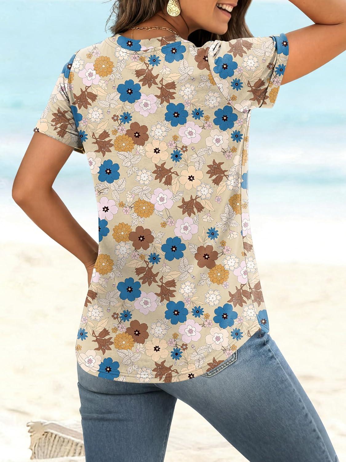 imageANRABESS Womens Short Sleeve V Neck Tops Summer Casual TShirts Blouses 2026 Spring Trendy Beach Vacation ClothesYellow Multicolored Floral