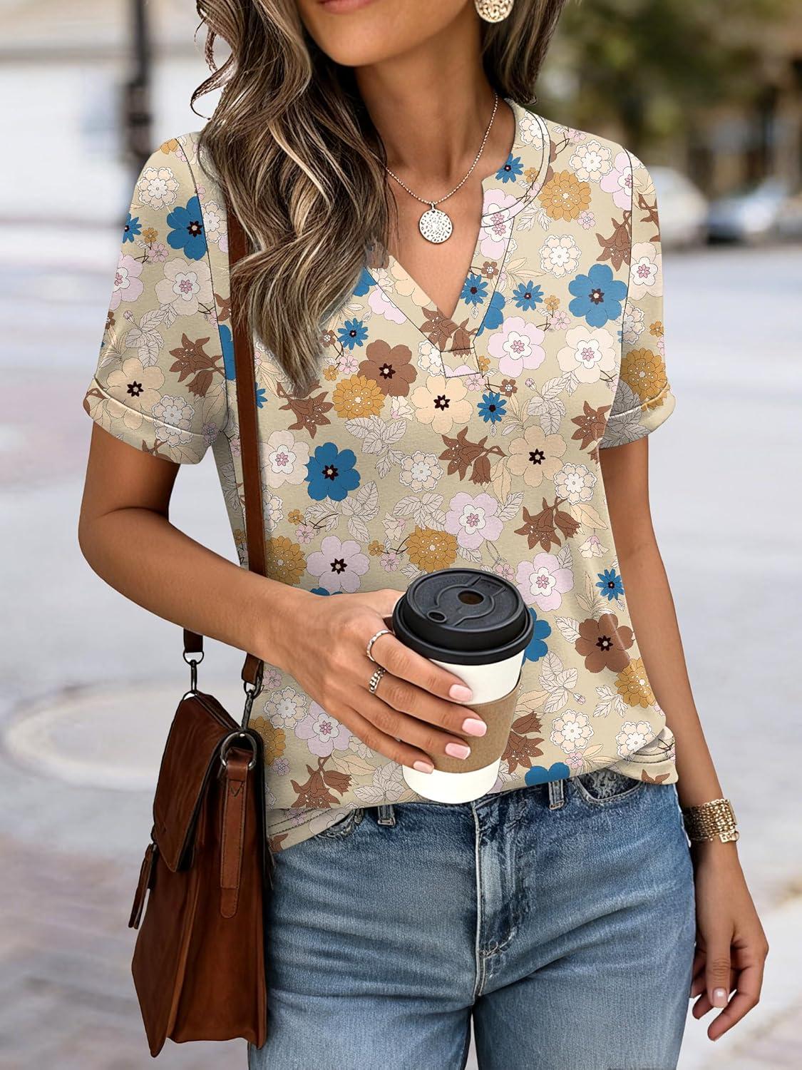 imageANRABESS Womens Short Sleeve V Neck Tops Summer Casual TShirts Blouses 2026 Spring Trendy Beach Vacation ClothesYellow Multicolored Floral