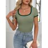 imageANRABESS Women Short Sleeve Tops Square Neck Ribbed Knit Color Block T Shirts Fitted Casual Summer 2026 Trendy Basic TeesArmy Green