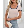 imageANRABESS Women Short Sleeve Tops Square Neck Ribbed Knit Color Block T Shirts Fitted Casual Summer 2026 Trendy Basic TeesBeige