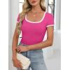 imageANRABESS Women Short Sleeve Tops Square Neck Ribbed Knit Color Block T Shirts Fitted Casual Summer 2026 Trendy Basic TeesHot Pink