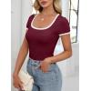 imageANRABESS Women Short Sleeve Tops Square Neck Ribbed Knit Color Block T Shirts Fitted Casual Summer 2026 Trendy Basic TeesWine Red