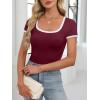 imageANRABESS Women Short Sleeve Tops Square Neck Ribbed Knit Color Block T Shirts Fitted Casual Summer 2026 Trendy Basic TeesWine Red