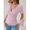 imageANRABESS Womens Tops Short Sleeve V Neck Sexy Ribbed Knit Slim Fit Lightweight Sweater 2026 Summer Dressy Casual TShirtsPink