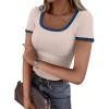 imageANRABESS Women Short Sleeve Tops Square Neck Ribbed Knit Color Block T Shirts Fitted Casual Summer 2026 Trendy Basic TeesBeige