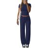 imageANRABESS Womens 2 Piece Summer Matching Lounge Sets Wide Leg Pants Ruched Crop Tops Sweatsuits Sets Spring Travel ClothesNavy Blue