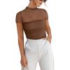 imageANRABESS Womens Summer Sexy Mock Turtle Neck Short Sleeve Tops Sheer Mesh Shirts Slim Blouse Trendy Ruched Going Out OutfitsMocha