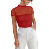 imageANRABESS Womens Summer Sexy Mock Turtle Neck Short Sleeve Tops Sheer Mesh Shirts Slim Blouse Trendy Ruched Going Out OutfitsRed