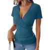 imageANRABESS Womens Tops Short Sleeve V Neck Sexy Ribbed Knit Slim Fit Lightweight Sweater 2026 Summer Dressy Casual TShirtsTeal