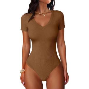 imageANRABESS Bodysuits for Women V Neck Short Sleeve Body Suit Tops Slim Fit Ribbed Knit Soft Basic TShirts 2026 Summer OutfitsBrown