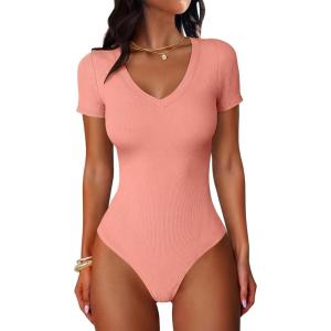 imageANRABESS Bodysuits for Women V Neck Short Sleeve Body Suit Tops Slim Fit Ribbed Knit Soft Basic TShirts 2026 Summer OutfitsCoral