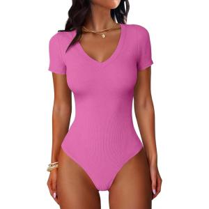 imageANRABESS Bodysuits for Women V Neck Short Sleeve Body Suit Tops Slim Fit Ribbed Knit Soft Basic TShirts 2026 Summer OutfitsHot Pink